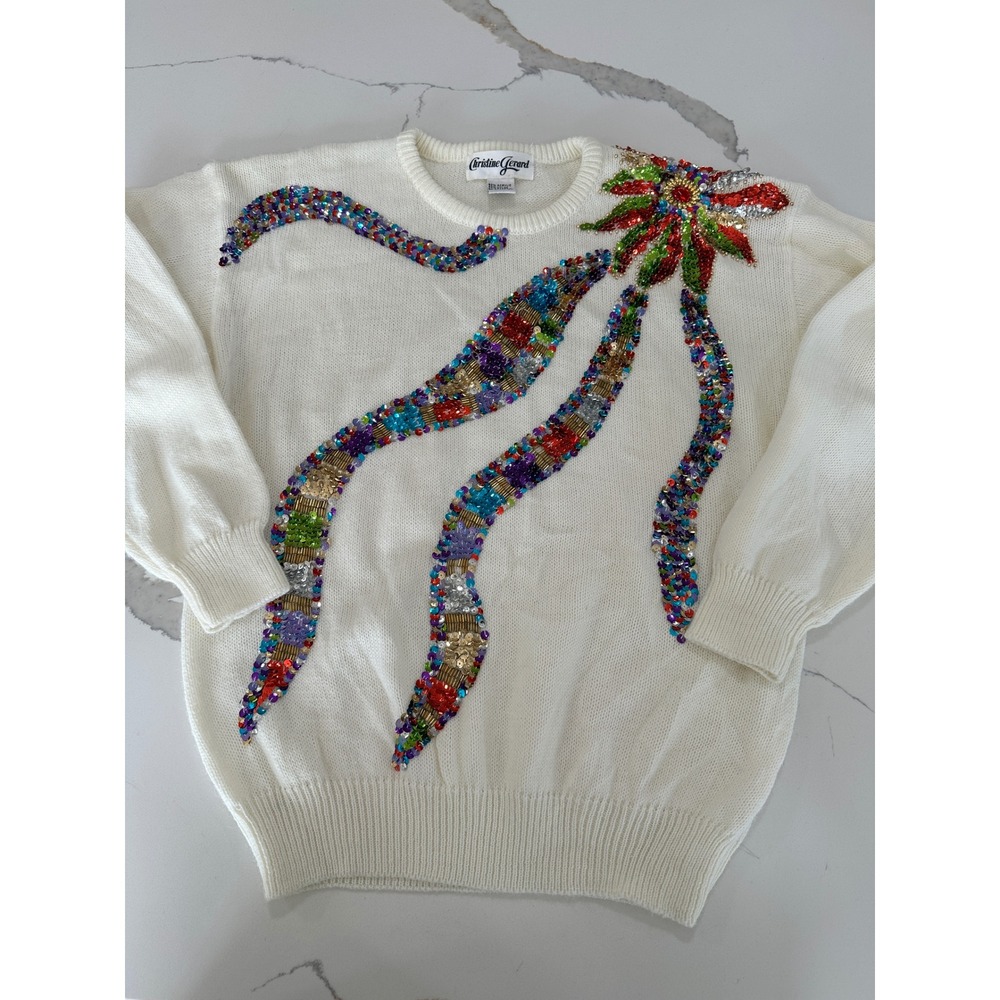 Christine Gerard‎ Vintage Sequin Floral Sweater Cream Knit Pullover Womens M